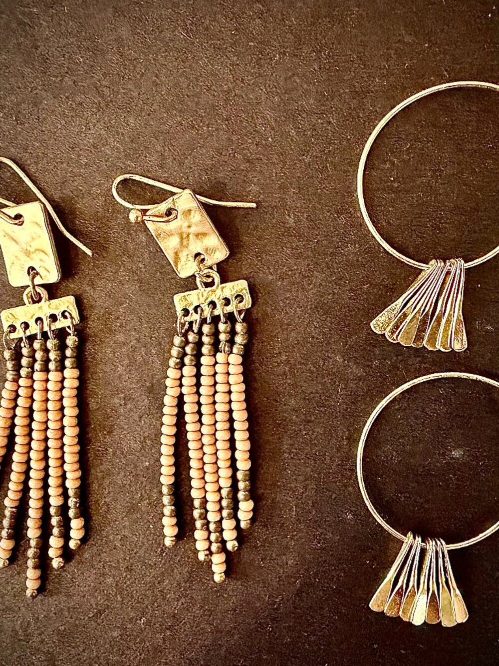 Artisan Gold Beaded Fringe Earrings + Gold Fan Charm Hoops Set of 2